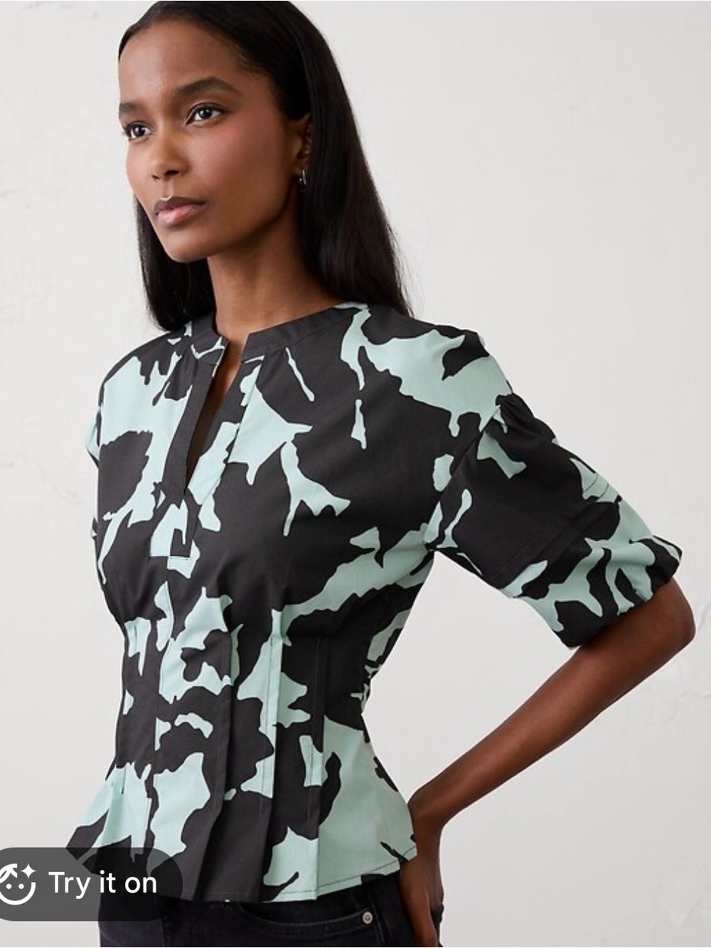 NWT | M | Pintuck Puff Sleeve Top | Abstract Mint/Black |Banana Republic Factory - Picture 2 of 16